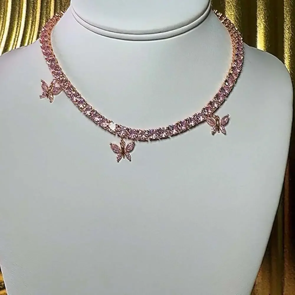 Pink Tennis Necklace With Butterfly